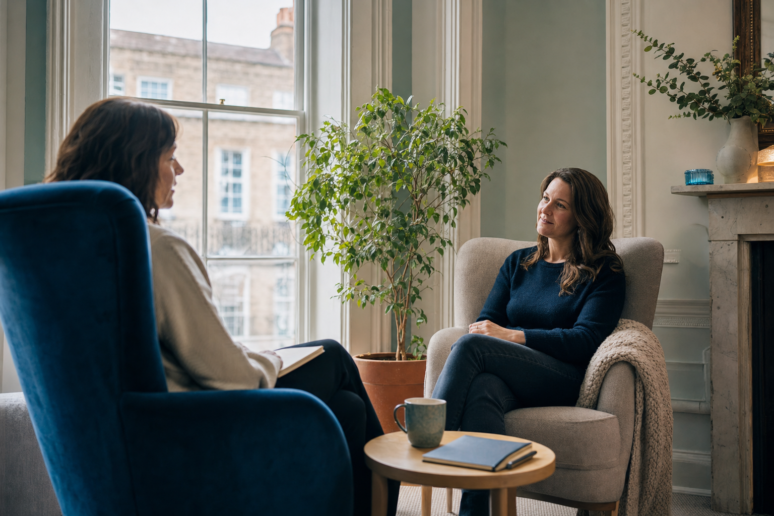 A warm, supportive therapy session in Jessica Hughes' calm Dublin practice