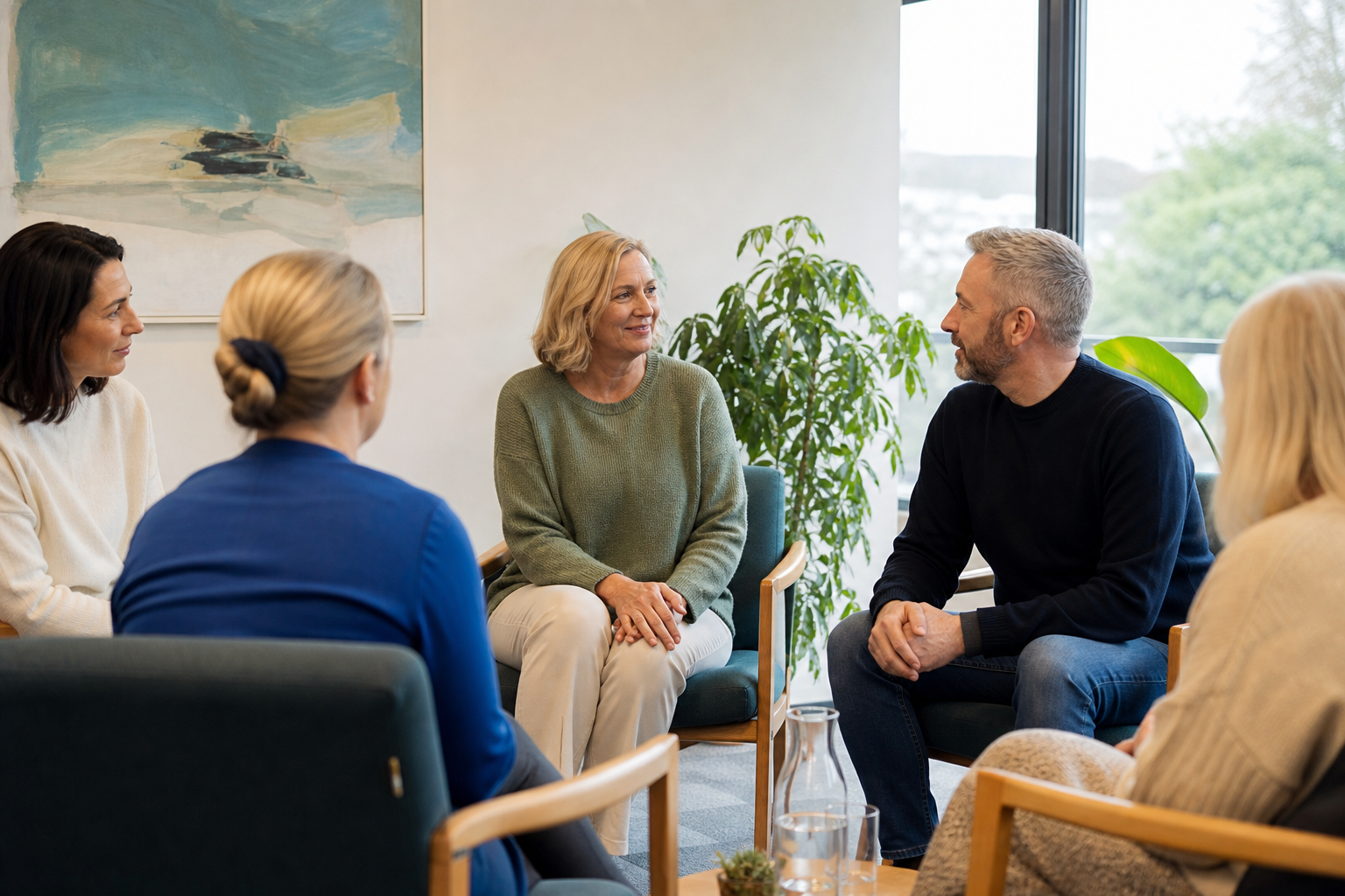 A small group taking part in a stress management workshop, seated in a circle in a calm, bright room
